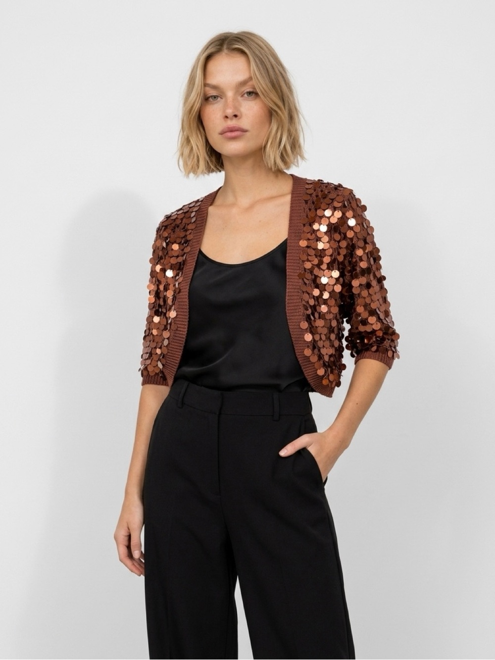Say What? Copper Sequin Cropped Cardigan Blazer
